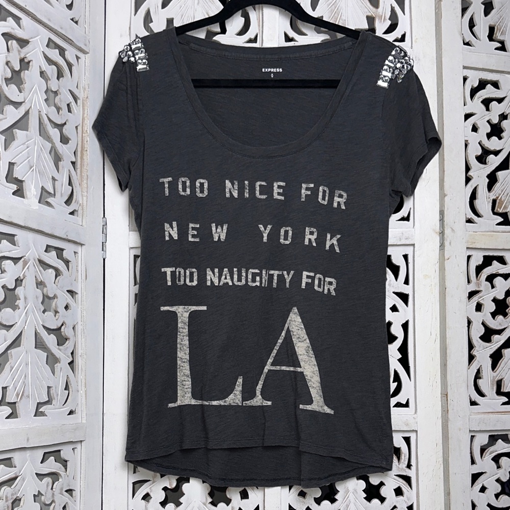 Express Charcoal Gray Graphic Tee with Embellished Shoulders